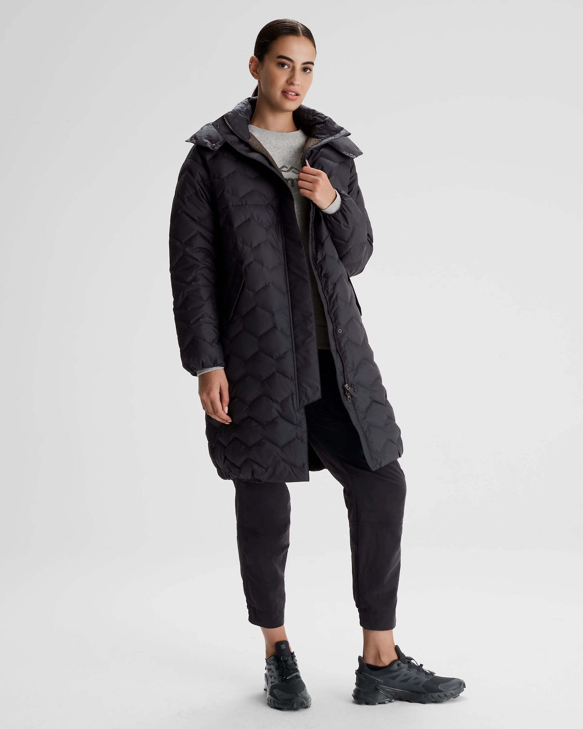 Women's Any Time Down Hooded Parka  Jacket- Black Stingray - Image 11