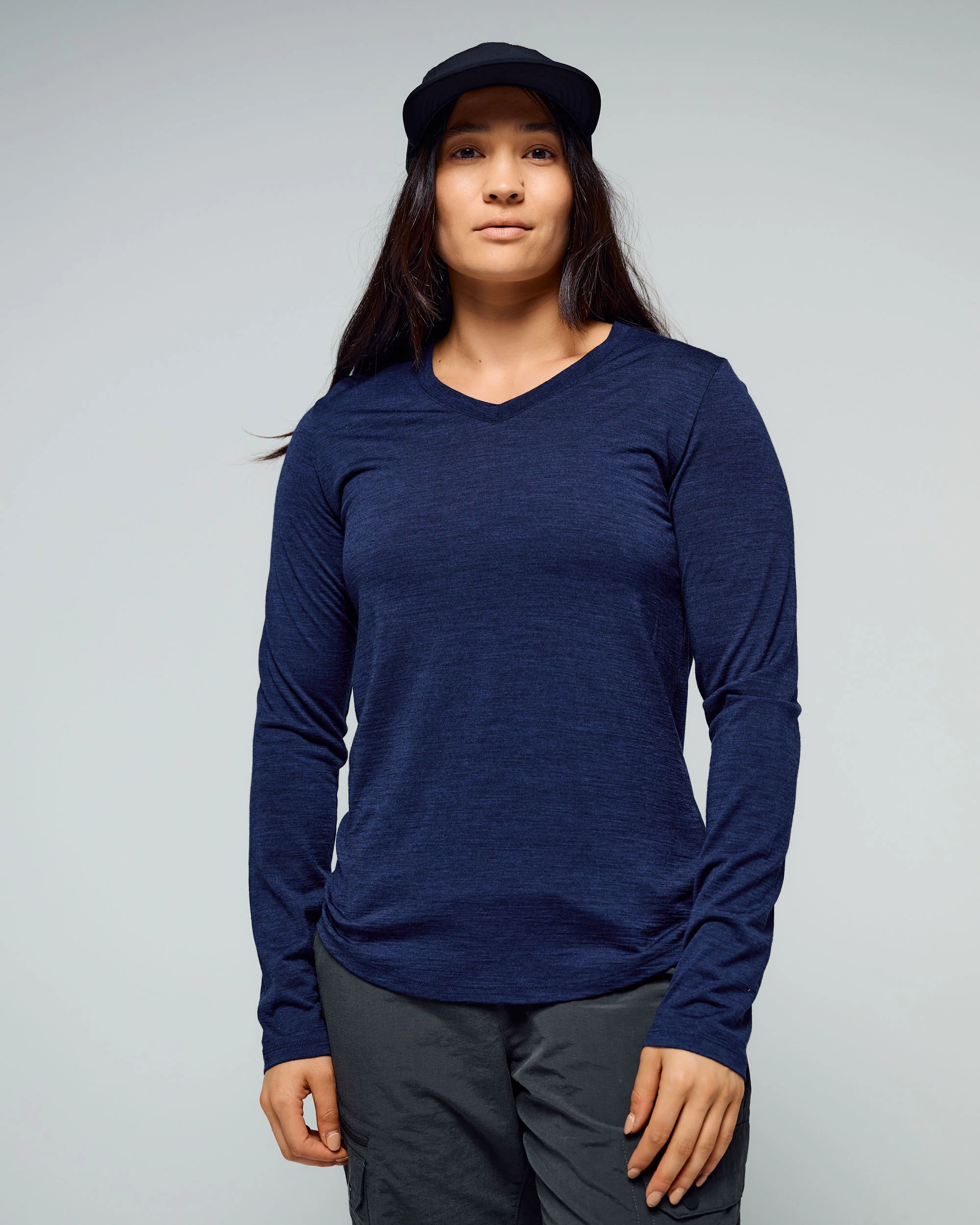 Women's 100% Merino Long Sleeve V-Top - Midnight Navy Marle